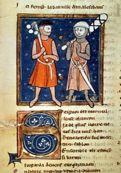 Krijgers met knuppels - in Het moinage van Willem, manuscript uit de 13e eeuw. Biblioteca Trivulziana. Milaan