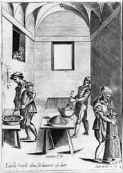 Werken met melk (zuivelproduct) op een koele plaats. Gravure uit “Opera”, boek over gastronomie verdeeld in 6 delen, door Bartolomeo Scappi, persoonlijke kok van paus Pius V. Venetië