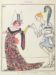 Mistinguett (1875-1956) en haar Ridder, karikatuur uit 