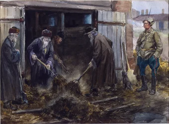 Een groep Russische priesters gedwongen om de kazerne stallen schoon te maken