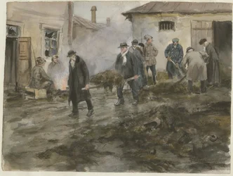 Bourgeoisie die de stallen schoonmaakt uit de serie aquarellen Russische revolutie, 1920