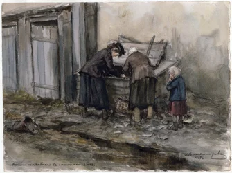 Twee vrouwen en een kind zoeken hun maaltijd in een vuilnisbak (uit de serie aquarellen Russische revolutie)