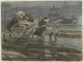 Familie verplaatst zijn bezittingen op kar uit de serie aquarellen Russische revolutie, 1917-1918
