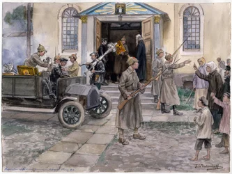 Vordering van kerkschatten in Petrograd op 5 mei 1922, uit de aquarellenreeks Russische Revolutie, door Ivan Alexeyevich Vladimirov (1869-1947), 1922