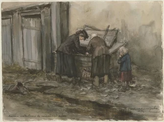 Twee vrouwen en een kind zoeken door vuilnisbak uit de serie aquarellen Russische revolutie