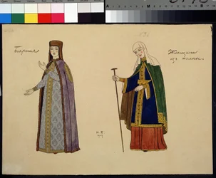 Kostuumontwerp voor de opera De gouden haan van Nikolaj Rimski-Korsakov (1844-1908), schilderij van Ivan Jakovlevitsj Bilibin (1876-1942)