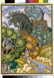 Ilia van Moerom zittend in een boom observeert de terugkeer van de reus die een kristallen kist draagt. Illustratie voor "Ilia Moeromets en Sviatogor". Werk van Ivan Yakovlevich Bilibin (1876-1942), aquarel en gouache op papier