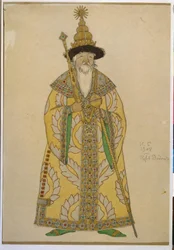 Tsaar Dadon. Kostuum voor de opera “De gouden haan” van Nikolai Rimski-Korsakov (1844-1908). Werk van Ivan Yakovlevich Bilibin (1876-1942)