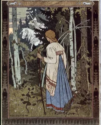 Vasilisa de Schone en de Witte Ruiter. (Traditioneel Russisch sprookje). Werk van Ivan Yakovlevich Bilibin (Bilibine) (1876-1942), lithografie
