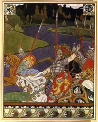 Volga Svyatoslavich en zijn leger. Illustratie voor de mythische heldendichten geïnspireerd door de folklore van Noord-Rusland. Werk van Ivan Yakovlevich Bilibin (1876-1942), lithografie