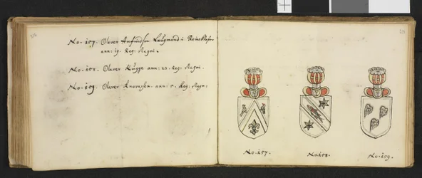 Illustratie uit een privéarchief in de Nationale Bibliotheek met de titel Insignia quædam virorum illustrium in Norvegia quodam habitantium van Iver Nielssøn Hirtzholm