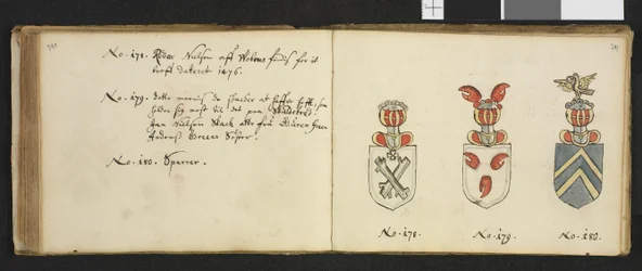 Illustratie uit een privéarchief in de Nationale Bibliotheek met de titel Insignia quædam virorum illustrium in Norvegia quodam habitantium van Iver Nielssøn Hirtzholm