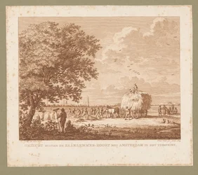 Landschap met hooiende boeren met Amsterdam aan de horizon