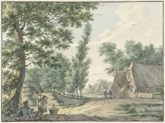 Landschap met twee personen onder een boom