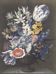 Urn met Bloemen op een Marmeren Tafel