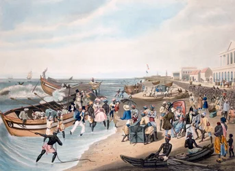 Madras Landing, gegraveerd door C. Hunt, gepubliceerd door Ackermann und Co., 1856