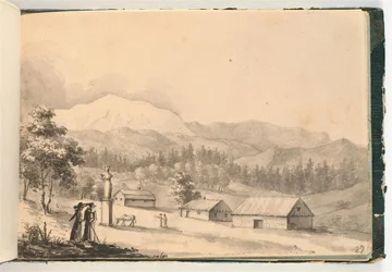 Berglandschap met mensen en huizen