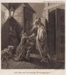 Abracadabra. Ach, spaar mijn genadig leven, Heer Geest! Gravure naar Lorentzens Holberg Galerij.