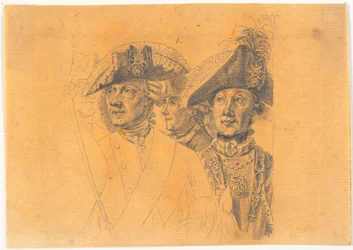 Voorstudie voor vier van de hoofden voor de gravure: Frederik de Grote rijdt naar huis na een revue in Potsdam