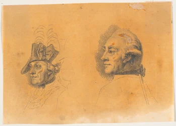 Voorbereiding voor twee van de hoofden voor de gravure: Frederik de Grote rijdt naar huis na een revue in Potsdam