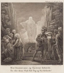 Melampe. Als jullie blijven volharden en de harten verharden, zal deze geest jullie dag en nacht verschrikken? Gravure naar Llorentzens Holberg Galerij.