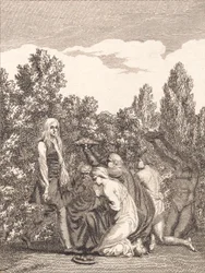 Niels Klim wordt geëerd door de Qvamiten, die hem geschenken brengen en voor hem knielen