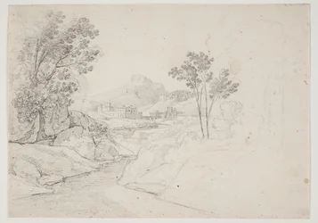Landschapsstudie met gebouwen bij waterloop. Italië