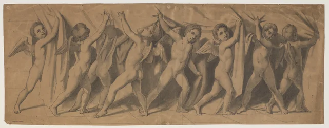 Ontwerp voor het gordijn van het Koninklijk Theater; putti die het gordijn opzij trekken