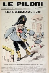 Vrijheid van onderwijs door Gibet: De Wacht - Je mag schreeuwen Papa! De burgemeester heeft bevolen de Laique School te vullen en... het zal gevuld worden (Karikatuur over de Laique School), omslag van "Le Pilori" van 31 oktober