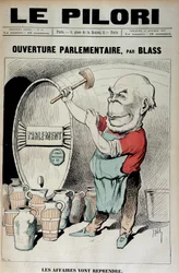 Opening van het Parlement: zaken zullen hervat worden (Karikatuur over het decoratieschandaal met Daniel Wilson en Jules Grévy) - Illustratie door J. Blas (Albert Douat) (1847-1892). in "Le Pilori" van 30/10/1887