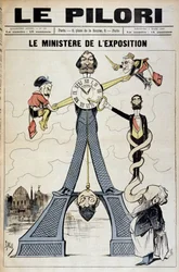 De minister van Tentoonstelling (cartoon over financiële schandalen aan het einde van de 19e eeuw en de Eiffeltoren). Illustratie door J. Blass