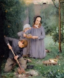 Kinderen begraven een vogel