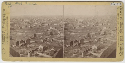 Stereograaf van het uitzicht naar het noordnoordwesten vanaf de Water Tower na de Chicago-brand van 1871, 1871