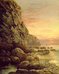 Zeegezicht met klif bij zonsondergang, 1889