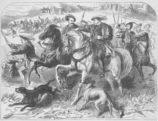 Henry VIII bij de koninklijke jacht in Epping Forest op de ochtend van de executie van Anne Boleyn (prent)