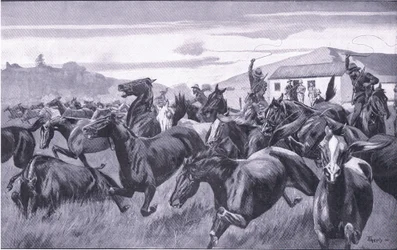 Boeren die het Remount Depot in Braamfontein overvallen, uit After Pretoria: The Guerilla War gepubliceerd door Harmsworth Bros Limited, 1901