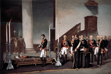 Koning Amedeo I voor de kist van Generaal Prim, gravure door J. Palacios