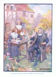 Milton zittend in zijn tuin bij de deur van zijn huis, uit Engelse Literatuur uitgegeven door T C & EC Jack, ca. 1920