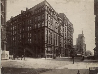 De zuidoostelijke hoek van Dearborn en Monroe Streets, Chicago, 1890