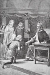 Gareth kwam om zijn tweede gunst te vragen, dat hij een van de ridders van de koning zou zijn en de dame zou mogen helpen (litho)