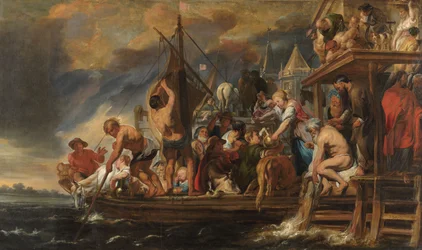 Een veerboot vertrekt terwijl Petrus een munt vindt in de bek van een vis, ca. 1621-1650 (olieverf op doek)