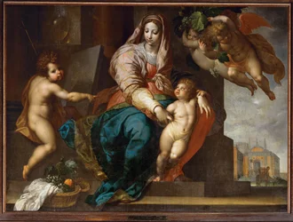 Heilige Maria met het kindje Jezus, de jonge Johannes Baptist en engelen (schilderij op doek)