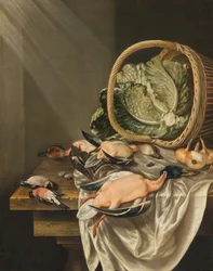 Keukenstilleven met een omgevallen mand sla, wild en groenten