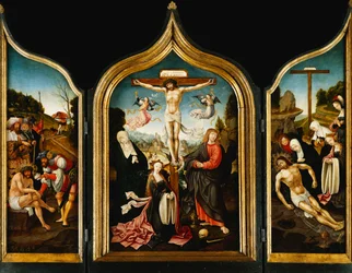Een drieluik: Christus aan het kruis met de Maagd, de Magdalena, Sint Jan de Evangelist en engelen; op de vleugels Christus aangeboden azijn voor de kruisiging en de klaagzang, de doodsangst in de tuin en Ecce Homo