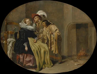Een paar in een interieur met een zigeuner waarzegster