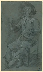 Tekening, zittende cavalier met wijnglas, 1650-60