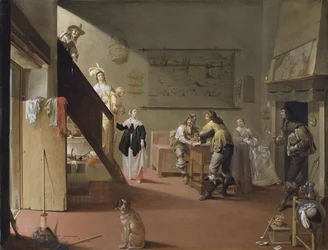 Elegant gezelschap rookt en drinkt in een herberg / Bordello scène