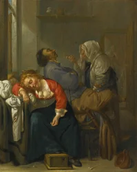 Slapend echtpaar en een dienstmeisje in een interieur