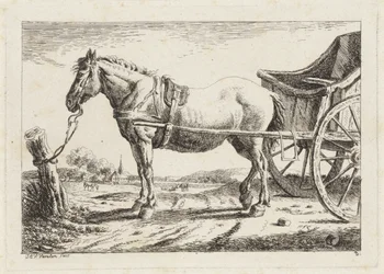 Staand paard, voor een wagen gespannen
