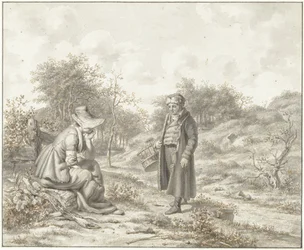 Heuvelig landschap met zittende vrouw en staande man met korf